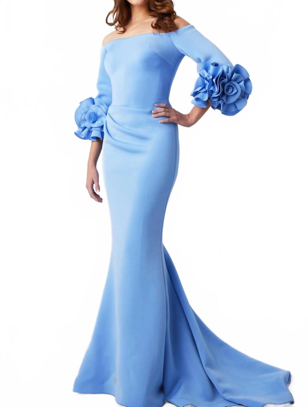 NEW JOVANI off the shoulder sheath scuba gown in light blue